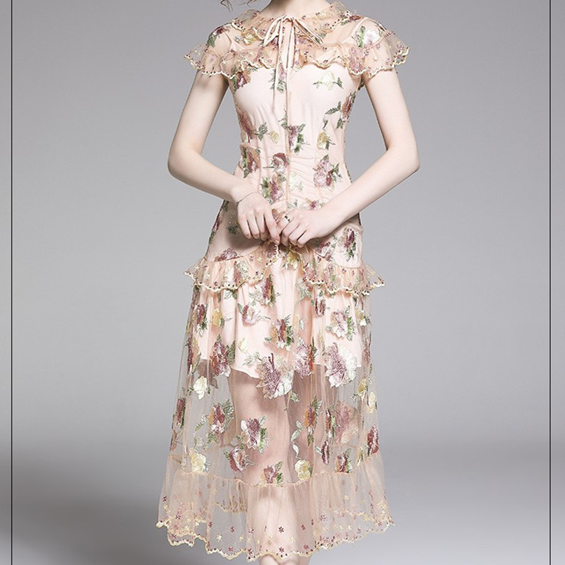 

ZAWFL Elegant Flower Embroidery Overlay Mesh Dress Summer Women Runway Short Sleeve O-Neck Lace-up Ruffles Slim Party 210525, Picture color