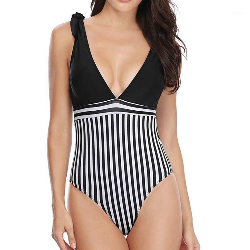 

Bras Sets Selling Women Takini High Waist Jumpsuit Deep-V Biquini Striped Printing Lengerie Bottom Push Up Padded Femme Traje De Baño, Black