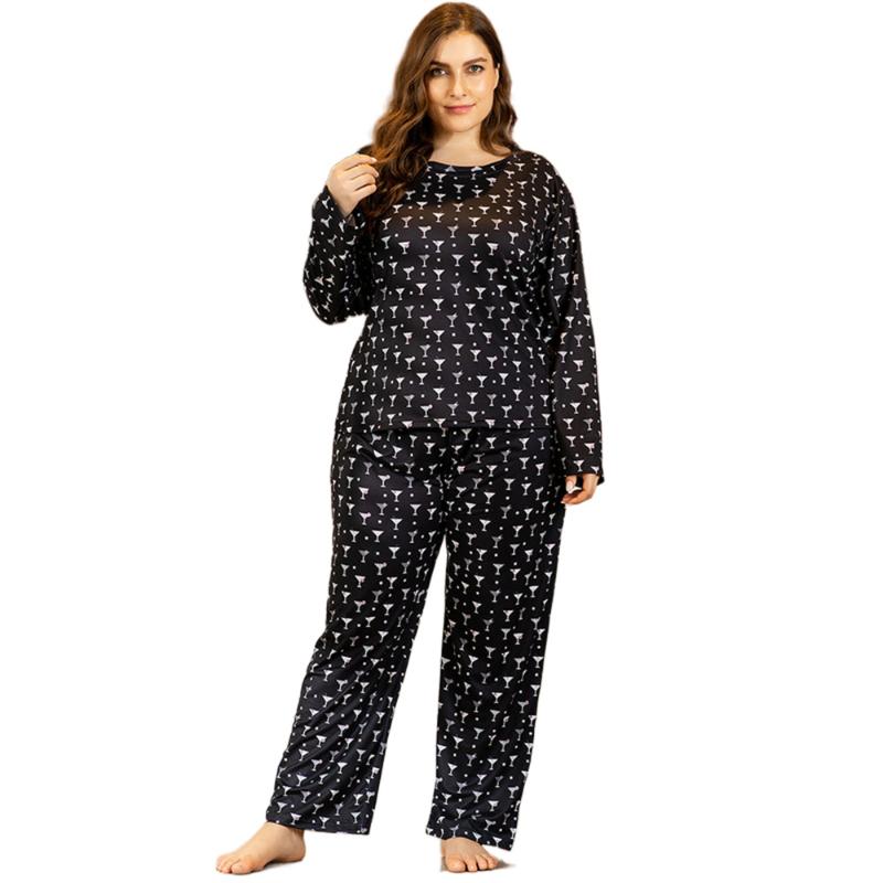 

Plus Size Tracksuits Sleepwear Set Women Black Print T-Shirt Trousers Large Homewear Two Pieces Suit Nightwear Pajamas