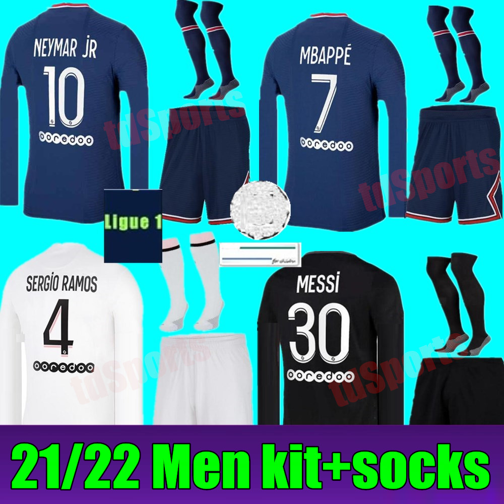 

2021 2022 Long sleeve soccer Jerseys 21 22 Maillots football MESSI SERGIO RAMOS MBAPPE ICARDI psgs VERRATTI MARQUINHOS adult Men kit sets maillot de foot, 3rd+champion patch