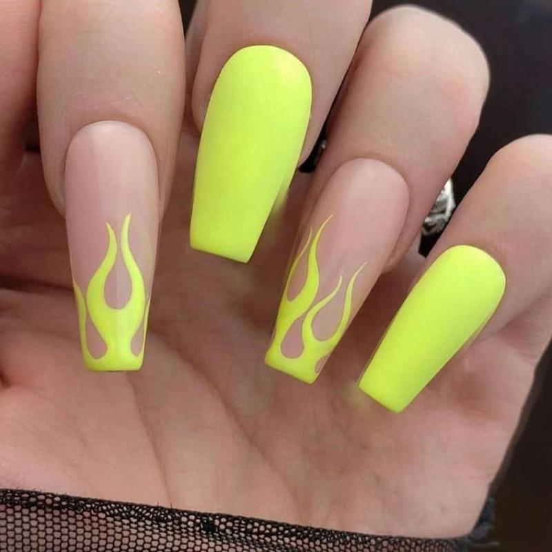 

False Nails 24Pcs Detachable Fluorescent Yellow With Flame Design Long Coffin Ballerina Fake Full Nail Tips Press On, Red;gold