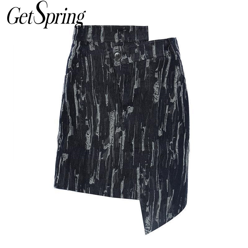 

GetSpring Women Skirt Texture Denim Skirts Asymmetric High Waist Fashion All Match Sexy Jean Mini Autumn Winter 210601, Dark blue