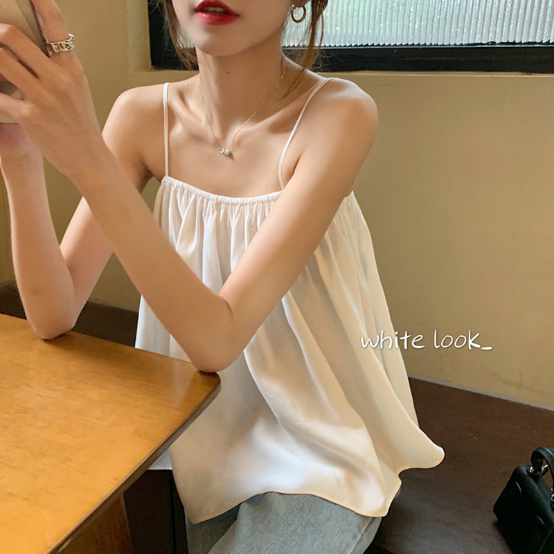 

2021 New Outerwear Summer Women White Pleated Elastic Camis Bottom Tops Sexy Spaghetti Strap Camisoles Tank Top Female t Shirts Zske