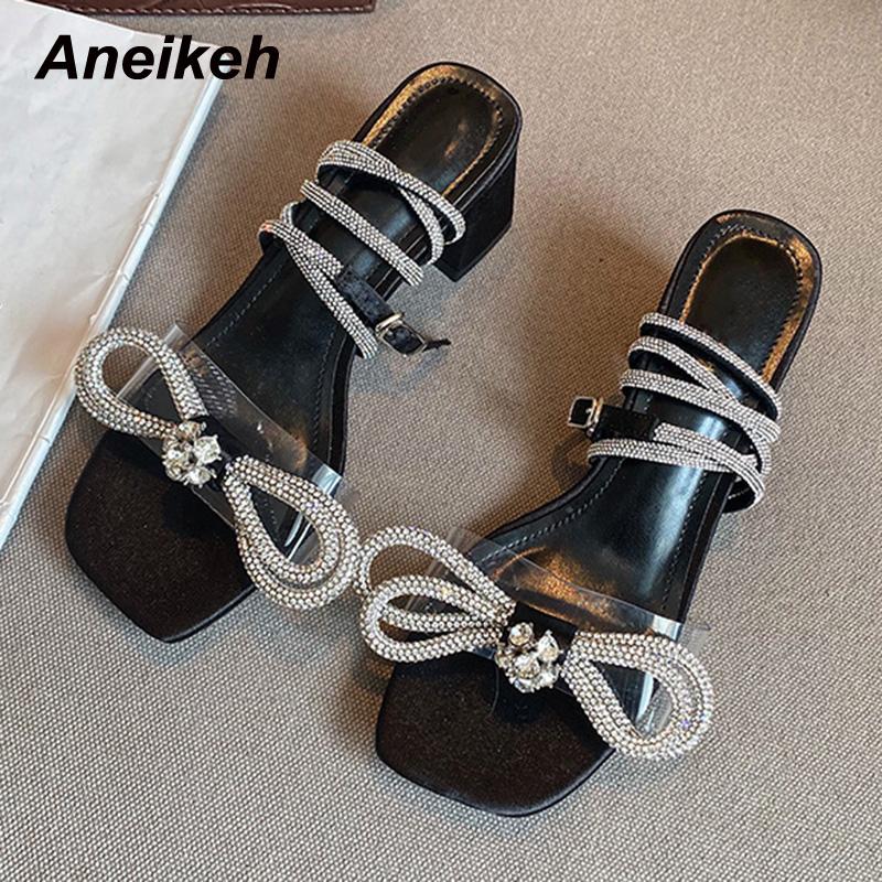 

Aneikeh 2021NEW Summer PVC Peep Toe Sandals Lady Square Heel Crystal Butterfly-Knot Ankle Strap Buckle Novelty Polka Dot Sweet, Black