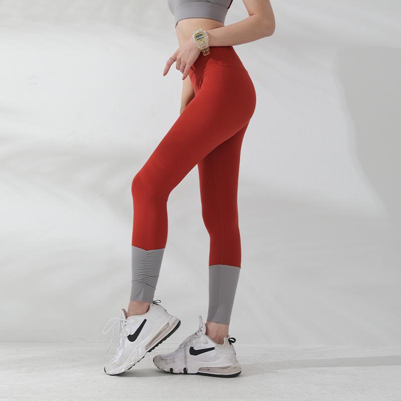 

New Brushed Nude Feel Skinny Tappered Pants Women' High Waist Stretch Quick-Drying Fitness Yoga Color Matching Sports Leggings, Beige