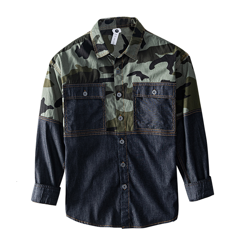 

2021 New Shredded Camouflage Denim Man's Shirt Long Sleeve 100% Cotton Casual Turn-down Collar Tops Male Retro Clothes G82w, Khaki.