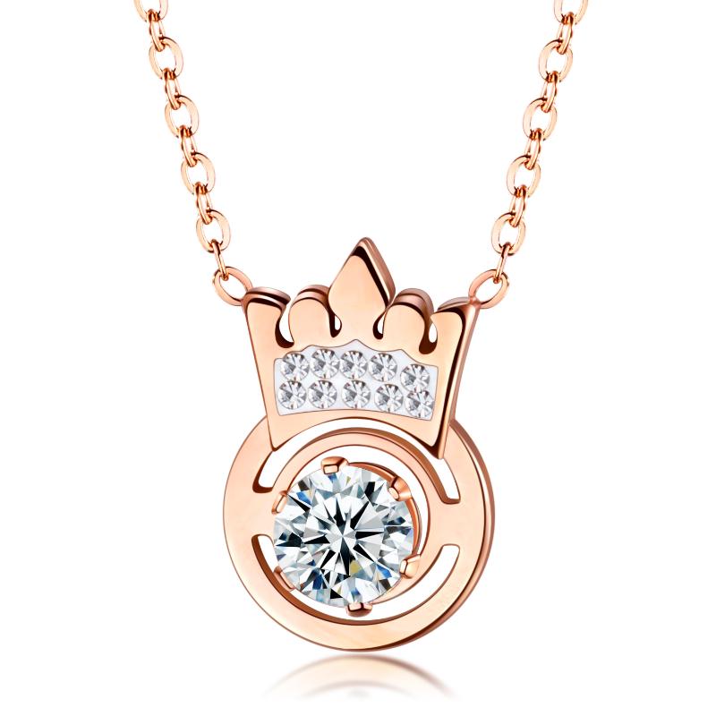 Pendant Necklaces Fashion Girl Princess Crown Crystal Titanium Steel Rose Gold Trend Necklace 3-GX1576-image-706612698