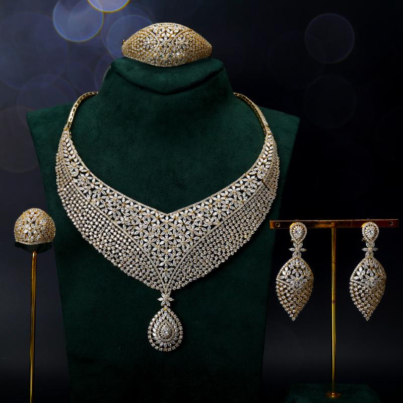 

earrings & necklace tirim luxury elegant bridal set for women gorgeous cubic zirconia wedding jewelry sets african brides accessories, Silver