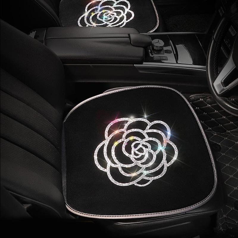 

Car Seat Covers Diamond Plush Camellia Flower Cover Winter Auto Interior Cushion Accessories Black Universal Size Styling