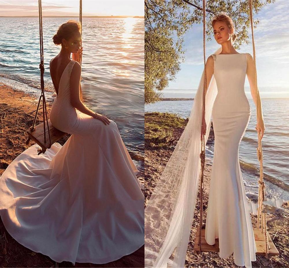 

2021 New Charming Sexy Bateau Neck Mermaid Wedding Es Backless Beading Bridal Beach Vestidos De Noiva 91gg, White