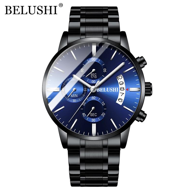 

Wristwatches BELUSHI Mens Watches Full Steel Chronograph Waterproof Sport Quartz Watch Men Top Relogio Masculino, Black silver