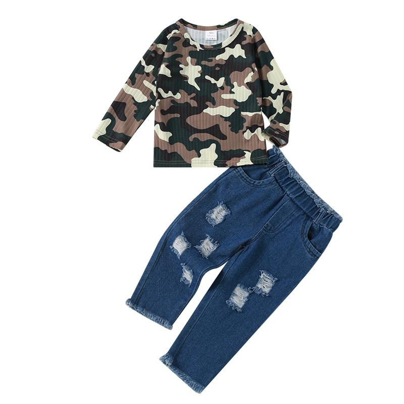 

Clothing Sets Kids Baby Girls Clothes Camouflage Long Sleeve Knit Tops And Ripped Denim Trousers Set, White