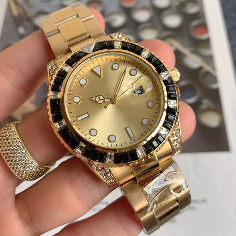 

4-2021 41mm Diamond Bezel Men Watch Automatic date Quartz Movement Green Gold Solid Steel Band Master Design Watches Orologio di lusso, Box