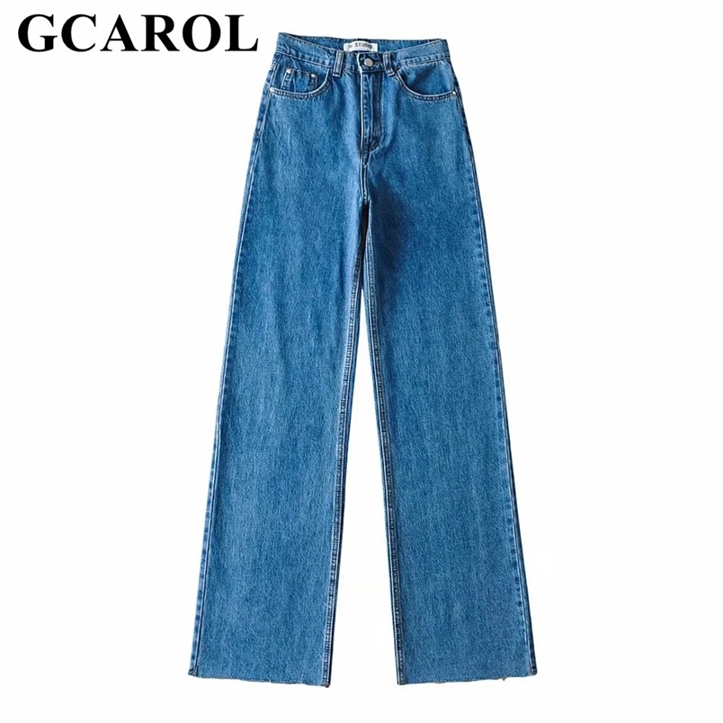 

GCAROL Women High Waisted Straight Jeans Wide Leg Pants With Rough Edge Slim and Sagging Chic Stylish Bottom Burr Denim Trousers 210708, Blue