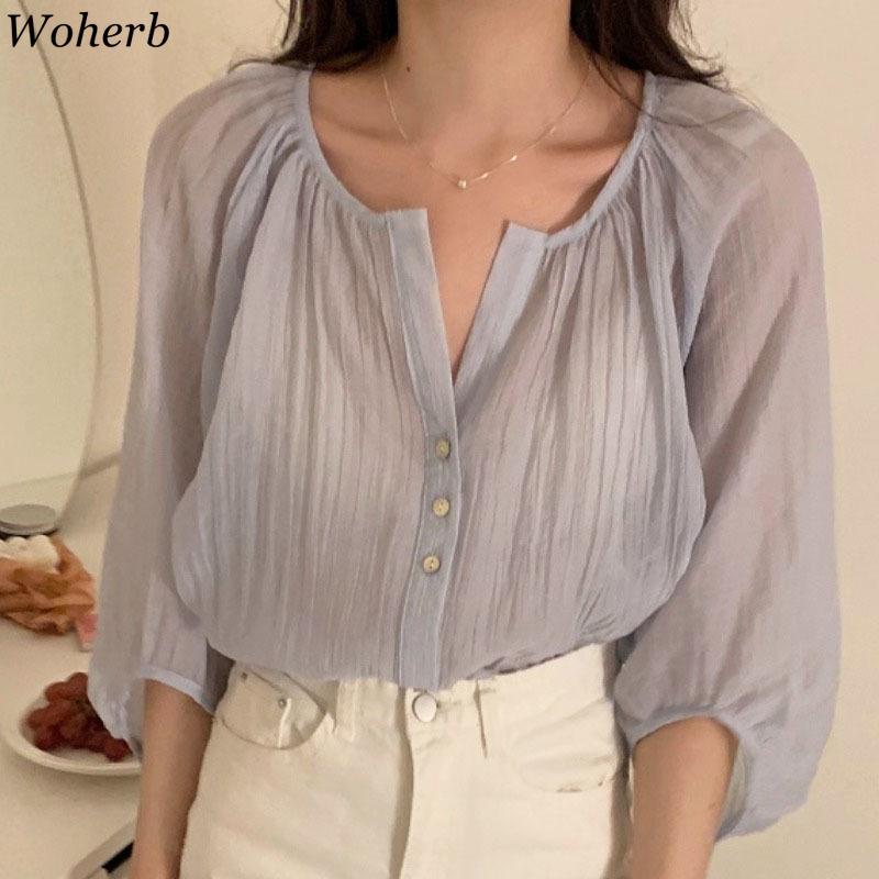 

Women's Blouses & Shirts Women Holiday Sunscreen 2021 Summer Lantern Sleeve Blusas Female Korean Folds See Through Elegant Tops, Blue