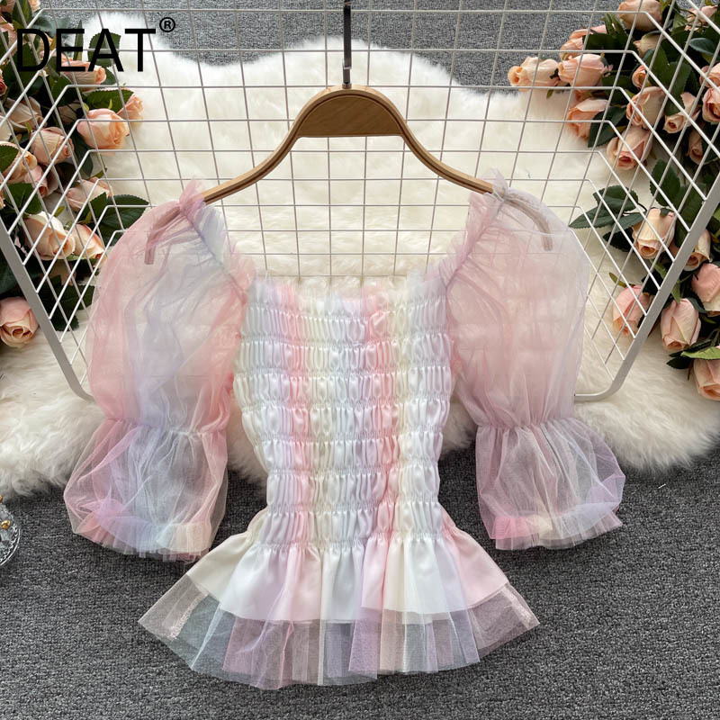 

Women Mesh Pleated T-shirt Solid Color Square Collar Three Quarter Temperment Fashion Spring Summer 11D623 210525, White
