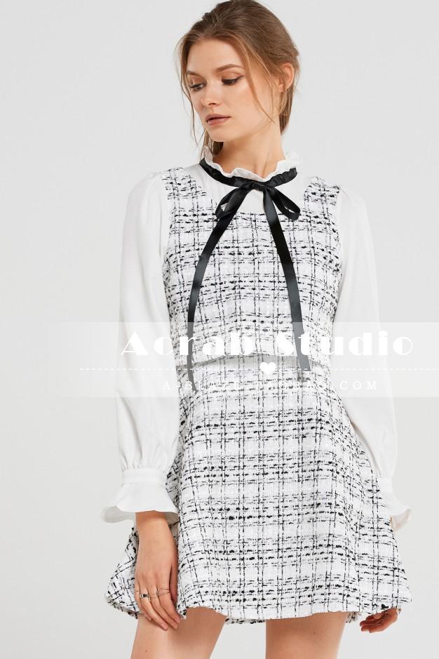 

Women Summer Dresses Elegant Ladies Party Chic Bow Tie Neck Sleeveless Cute Frayed Trim Tweed Mini Vestidos 210525, Picture color