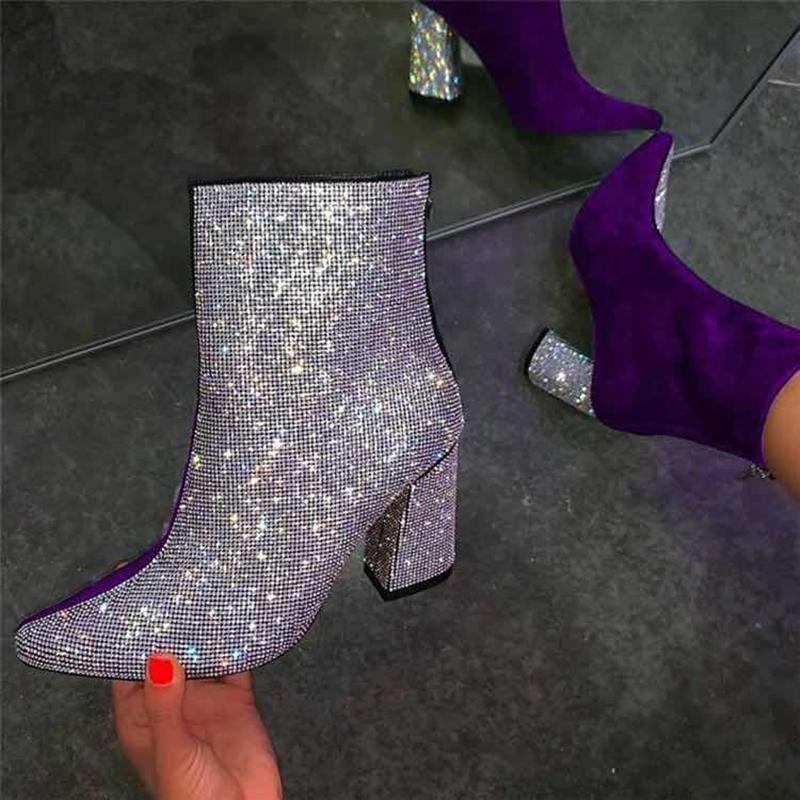 

Boots Women Patchwork Rhinestone Ankle All Seasons Non-Slip Chunky Heel Ladies Sexy Pointed Toe Back Zip Booties, Purple