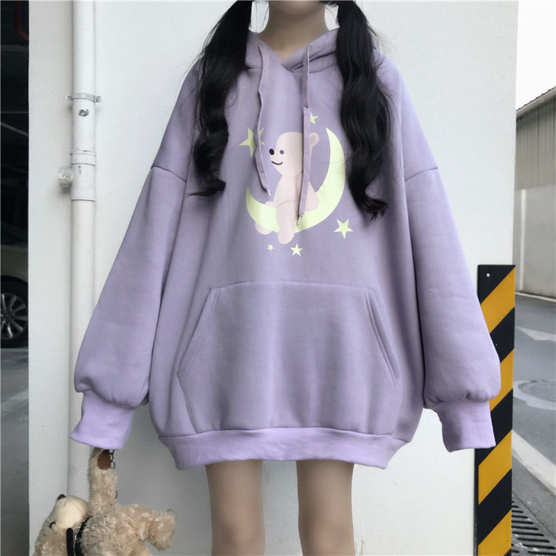 

2021 New Japanese Kawaii Cartoon Printed Schoolgirl Fall and Winter Korean Clothes Sweet Loosey Style Long Hoodie Wome Jm9j, Purple