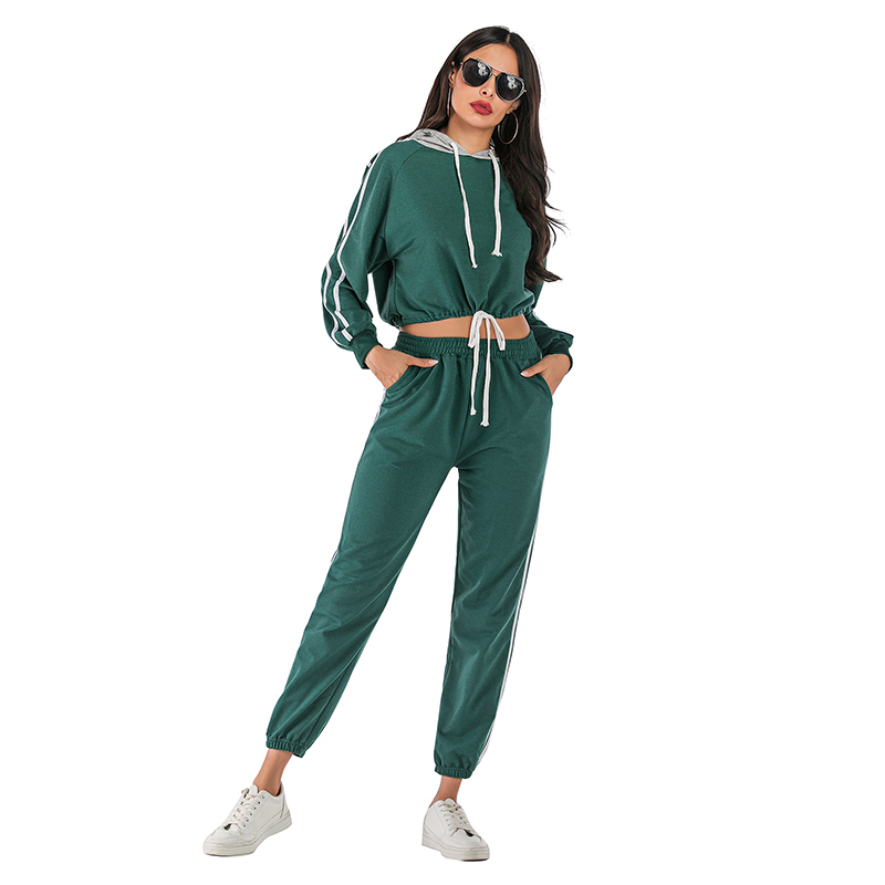 

2021 New Women Casual Sports Suit Fashion Sritped Drawstring Top and Long Pants Two Piece Hoodie Solid Tracksuit Ladies Autumn Zugm