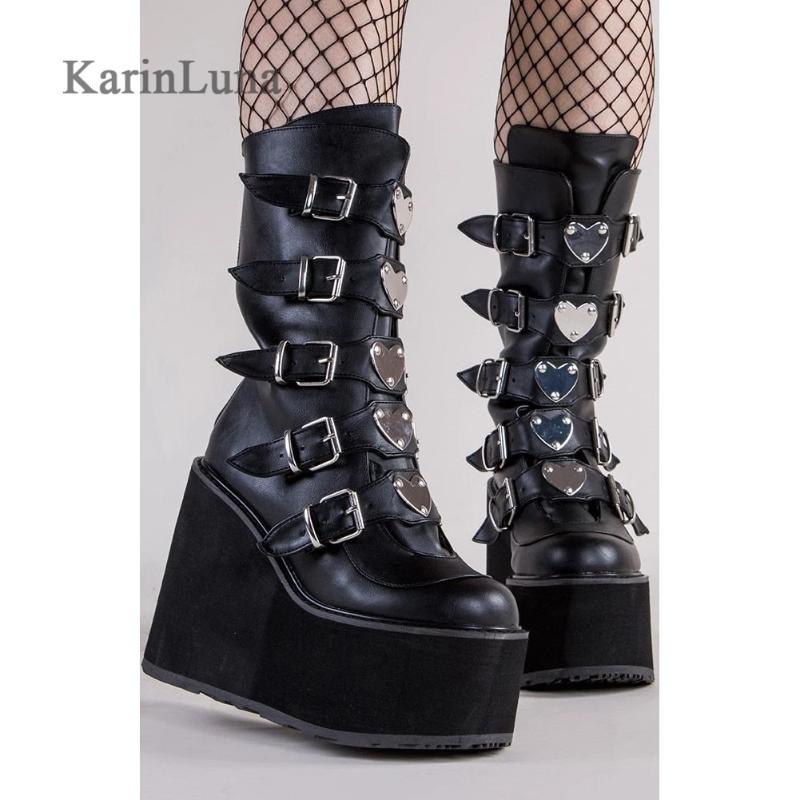 

Boots Brand Design Gothic Great Quality Fashion Cool Motorcycle Big Size 43 Wedges Heart Platform Mid-Calf Shoes, Black