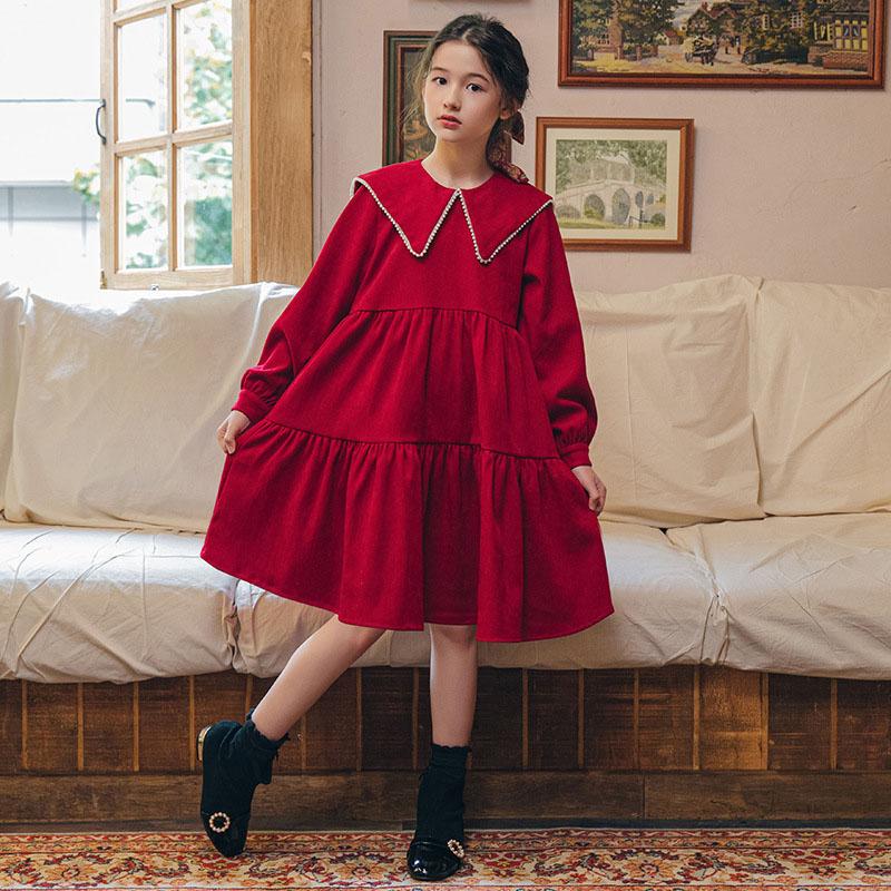 

Girl's Dresses Kids Red Dress Spring And Autumn Children's Navy Collar Pearl Rim Long Sleeve Princess Style Doll Maiden Clothes, Red;yellow