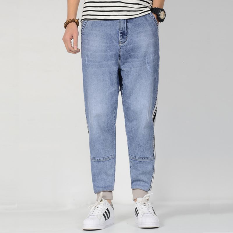 

2021 New Summer Denim Jogger for Zipper Light Blue Baggy Plus Size Side Stripe Harem Jeans Men Tapered Pants K4y3, Sky blue