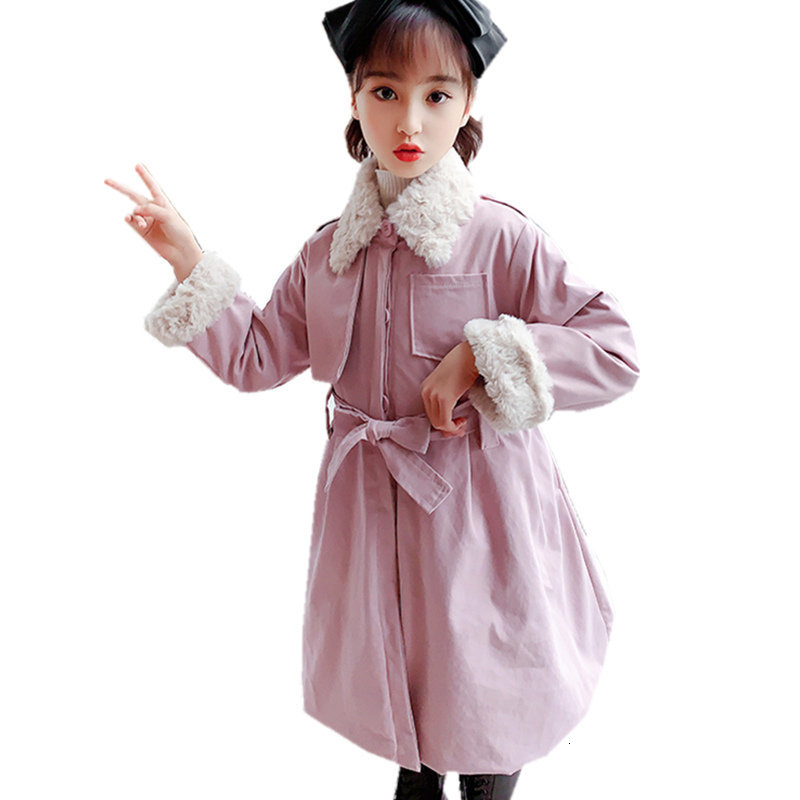 

2021 New Autumn Teenagers Trench Coat Girls Ed in Solid Fur Collar Long Jacket with Belt Fashion Children Outerwear Teen Clothes Lek4, Blue;gray