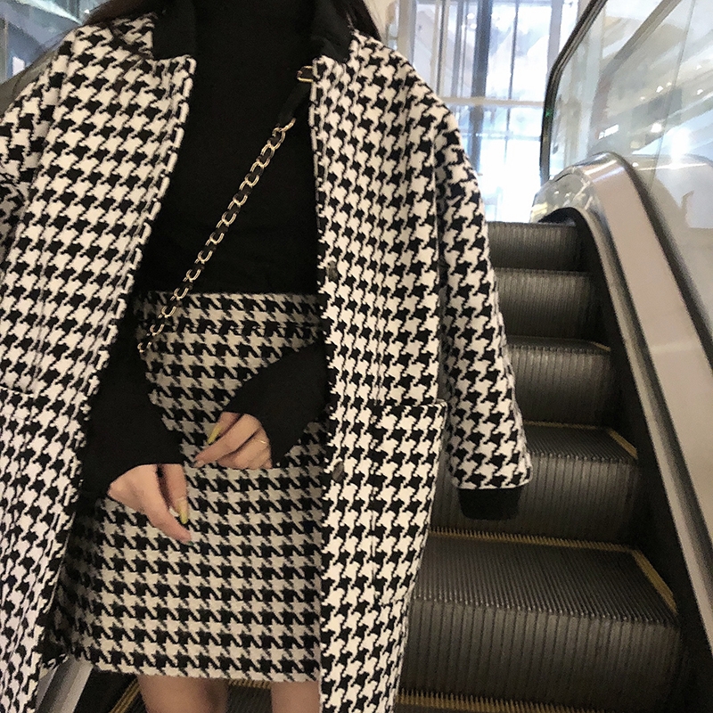 

Black and white houndstooth jacket womens autumn and winter woolen jacket 2021 popular cashmere stitched nine-quarter sleeves, Black;brown