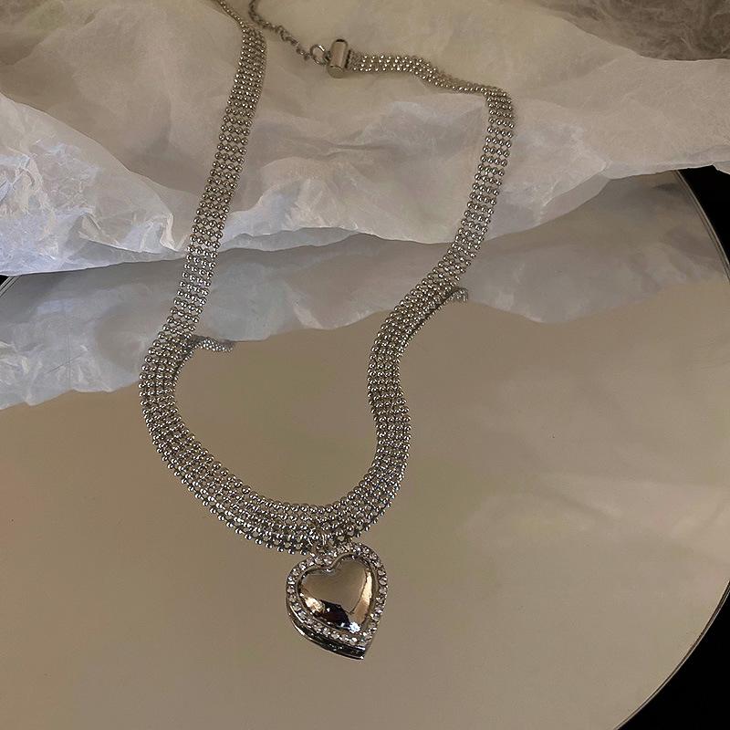 

Pendant Necklaces Minar Silver Color Beaded Necklace Minimalist Shiny Rhinestone Glossy Love Heart For Women Girls Accessories