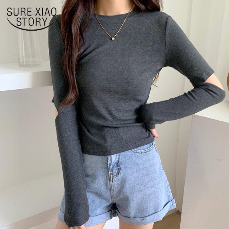 

Women's T-Shirt Cotton Long Sleeve Shirt Women 2022 Autumn O-Neck Solid Woman Slim Hole Bottoming Splicing Office Lady Clothes 10630, White