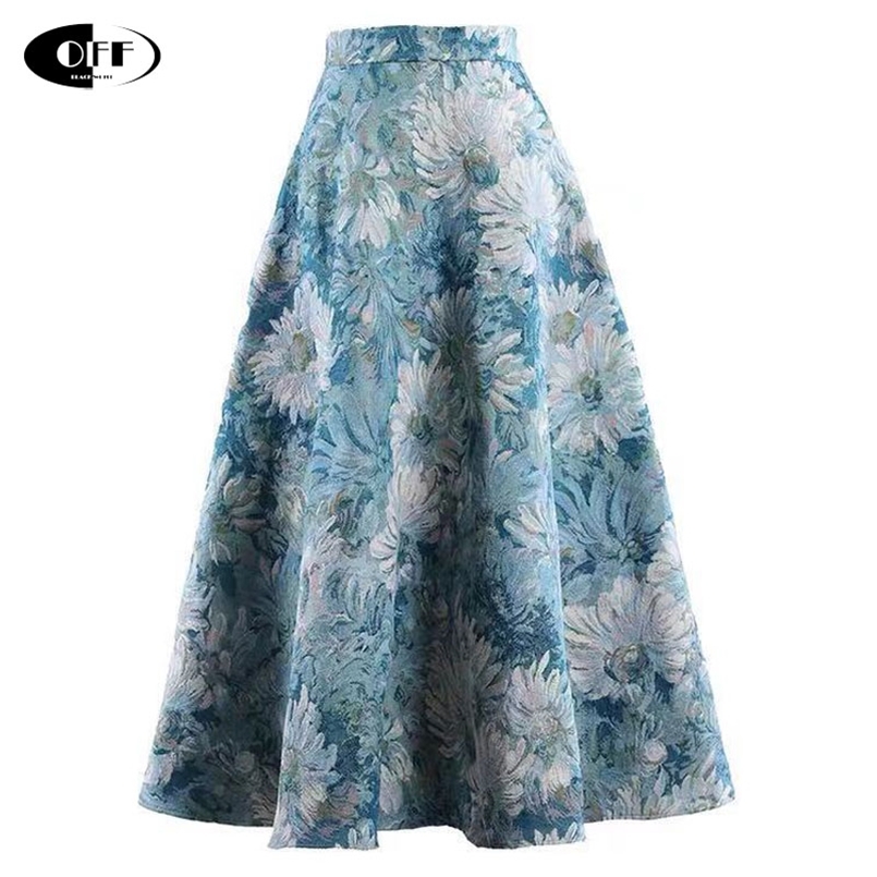 

Vintage Floral Jacquard Skirts Women Spring Summer A-line Streetwear High Waist Retro Party Birthday Ladies Midi Skirt Femme 210708, Blue