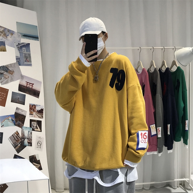 

2021 New Men's Fake Two-piece Round Collar Coats Loose Cotton Clothes Pullover Casual Hoodies Long Sleeve 5 Color Sweatshirts S-2xl 4tp3, Navy