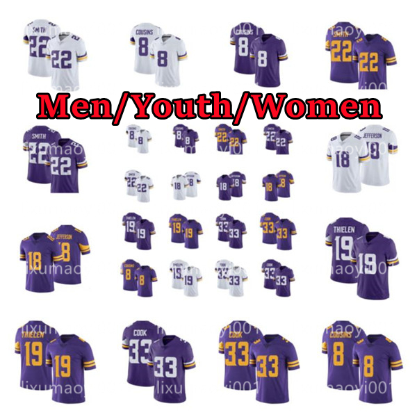 

Men women youth football 33 Dalvin Cook 19 Adam Thielen Kirk Cousins Harrison Smith 18 Justin Jefferson Danielle Hunter Jersey, Black;red