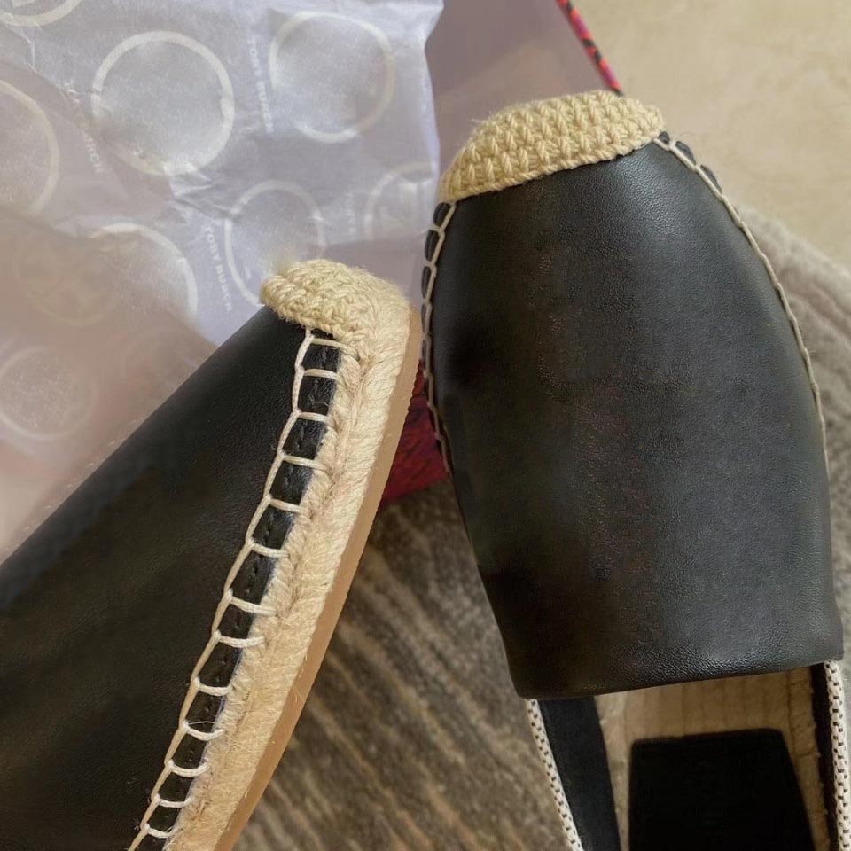 

Luxury Women Espadrilles Designer Leather Slip-On Casual Shoes Summer Patchwork Women Flat Casual Espadrilles Low Cut White Canvas Shoes, Black