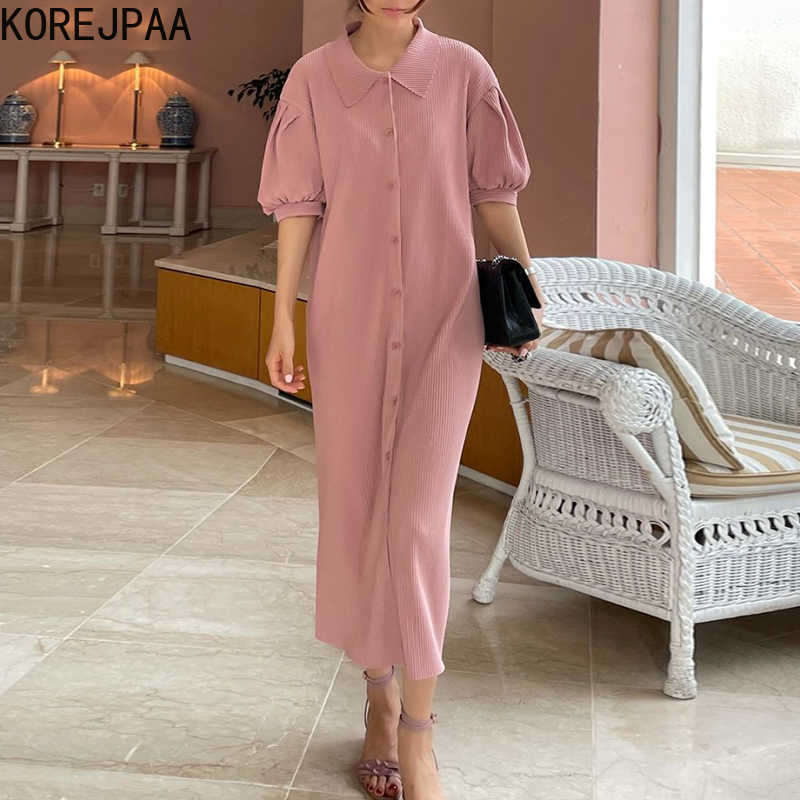 

Korejpaa Women Dress Summer Korean Chic Ladies Retro Single-Breasted Loose Puff Sleeve Lapel Pleated Pit Strip Vestidos 210526, Beige