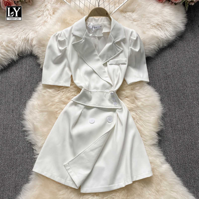 

LY VAREY LIN Summer Office Lady V-neck Button Solid Color White Dresses Women Casual Short Sleeve High Waist A-line 210526, Black