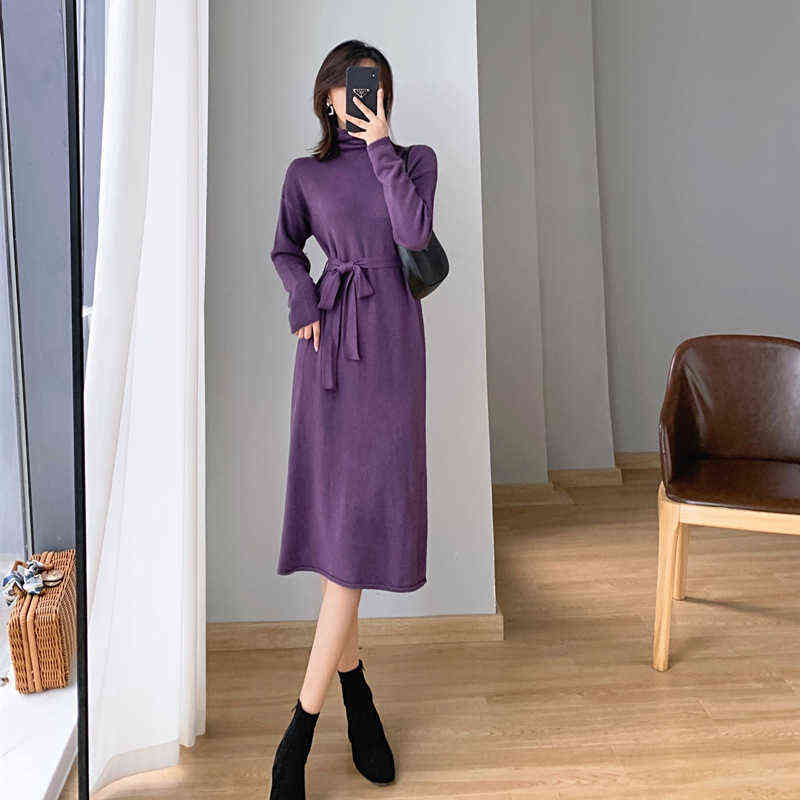 

Casual Dresses Autumn and Winter Matching Coat Medium Length Knee High Neck Sweater Skirt Bottom with Purple Knitted Dresses for Women, Black;gray