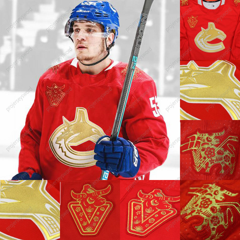 

Vancouver Canucks Bo Horvat 2021 Lunar New Year Year of the Rat Red Jersey Brock Boeser Brandon Sutter Quinn Hughes Olli Juolevi Nate Schmid, Black;red