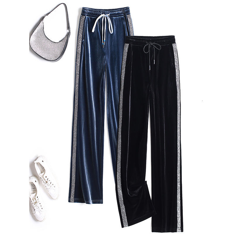 

New Ample Leg Pleuche 2021 Autumn and Winter, Veet, High Waist, Straight, Casual Women's Slacks Draped Vlj7, Black full length.