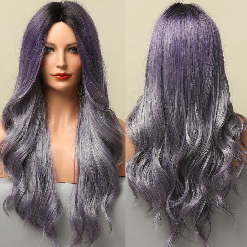 

Synthetic Wigs ALAN EATON Long Wavy Mixed Black Purple Gray Ash Ombre Hair Wig For Women Middle Part Cosplay Party Heat Resistant, Lc133