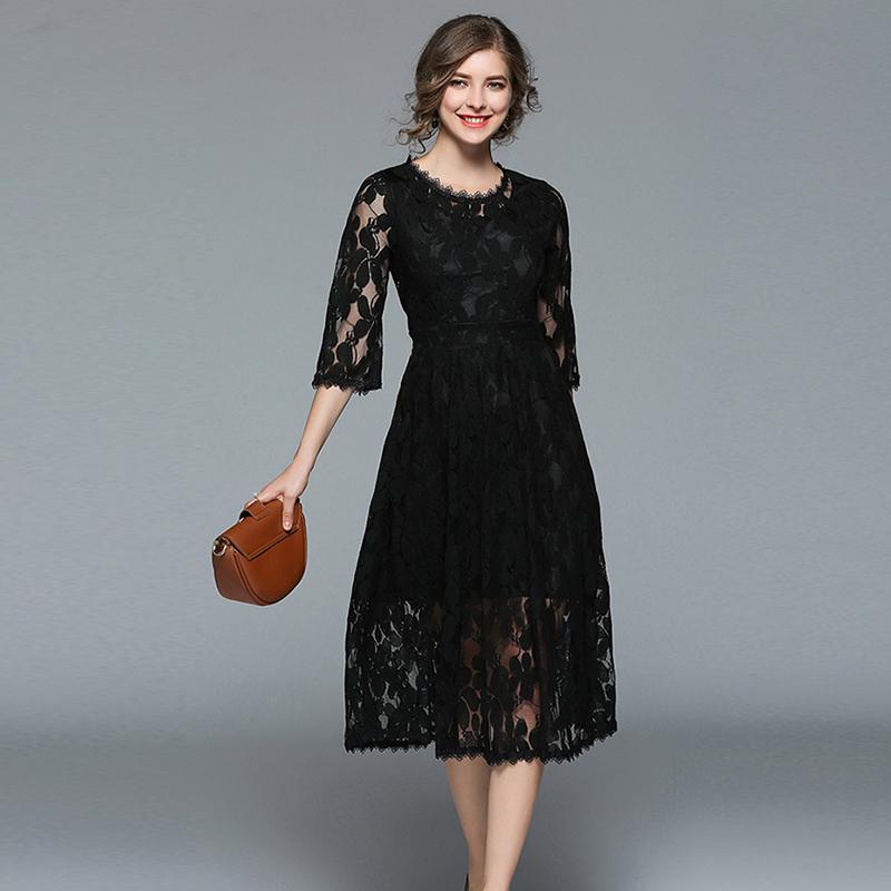 

Casual Dresses 2021 Spring Women Elegant High Quality Black Lace Long Dress Female A-Line Fashion Office Lady Party