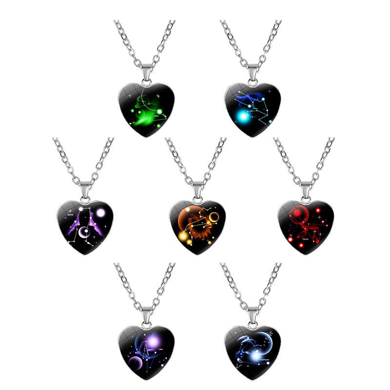 

Charms Heart Shaped 12 Zodiac Sign Necklaces For Women Simple Glass Constellation Pendant Chains Fashion Birthday Jewelry