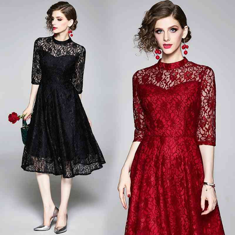 

Banulin Women Casual Long Dress Autumn Fashion Hollow Out Lace Big Swing Luxury Elegant Ladies Party Dresses 210603, Black