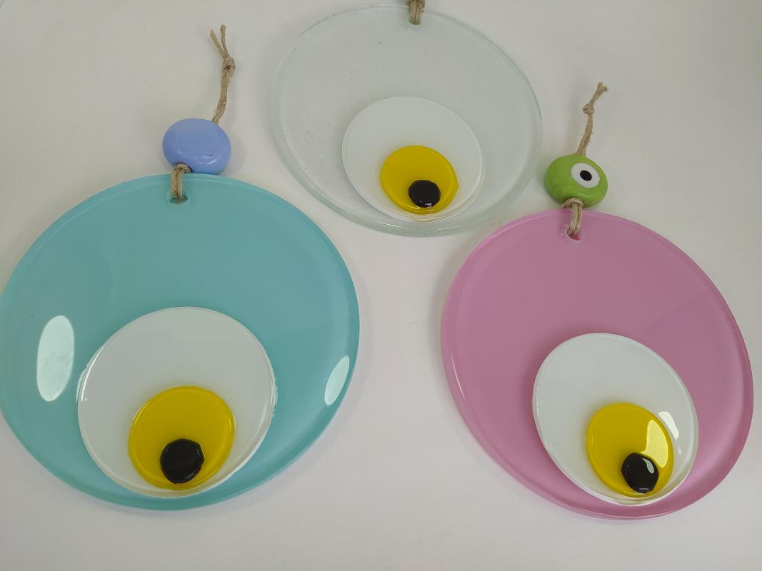 

Pastel Color Evil Eyes 12cm Fused Glass Beads Set of 3 Pendant Charm Turkish Handmade Big Amulet Wall Hanging Boho Home Decor