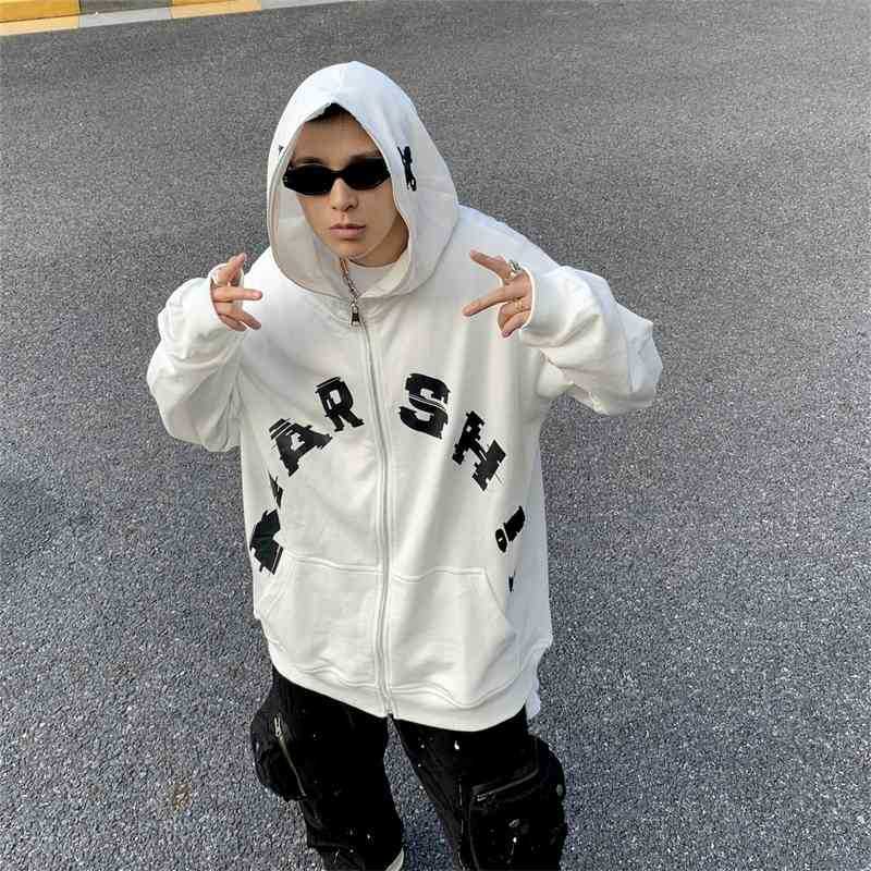 

Men's and women's new autumn high street Harajuku trend letter printed sports cardigan hooded loose coat, Black;brown