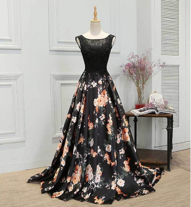 

2021 New Cheap Print Long Evening Luxury Bride Black Sweep Train Banquet Lace Appliqued Party Prom Es Robe De Soiree Custom 9d4b, Picture color