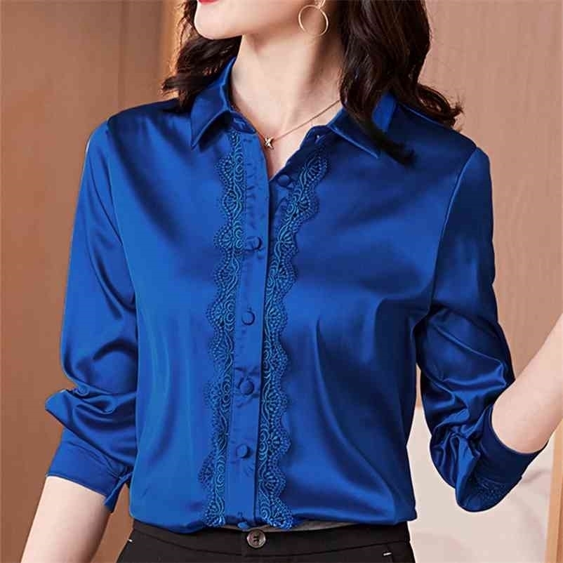 

Korean Silk Women Shirts Satin Blouses Elegant Office Lady Long Sleeve Lace Shirt Plus Size Blusas Mujer De Moda 210604, Blue