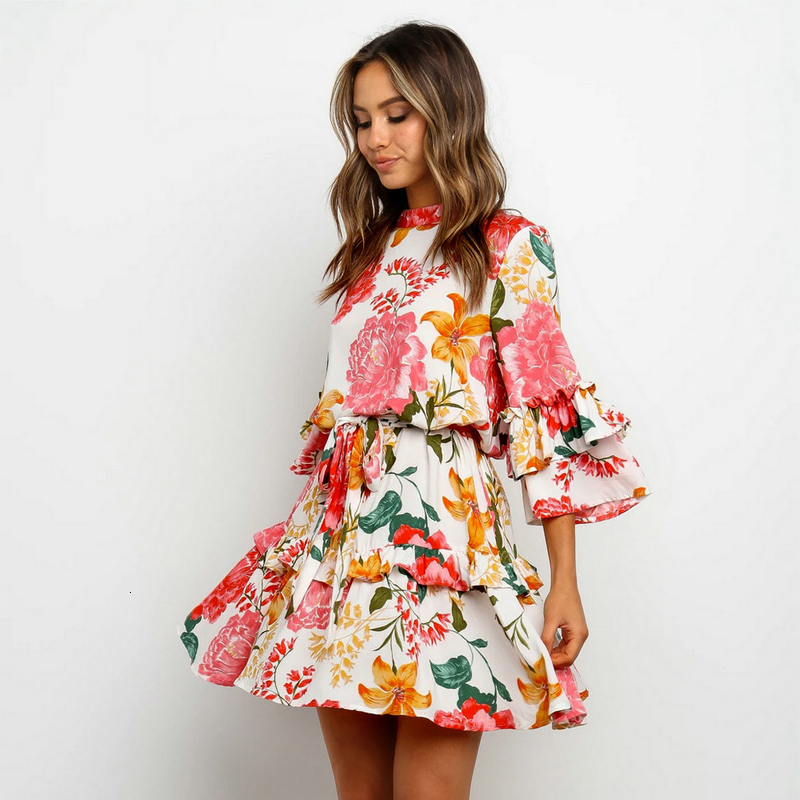 

Women Vintage Flower Printed Sashes Ruffled A-line Three Quarter Sleeve o Neck Mini 2021 Spring New Fashion 5bb0, As picture