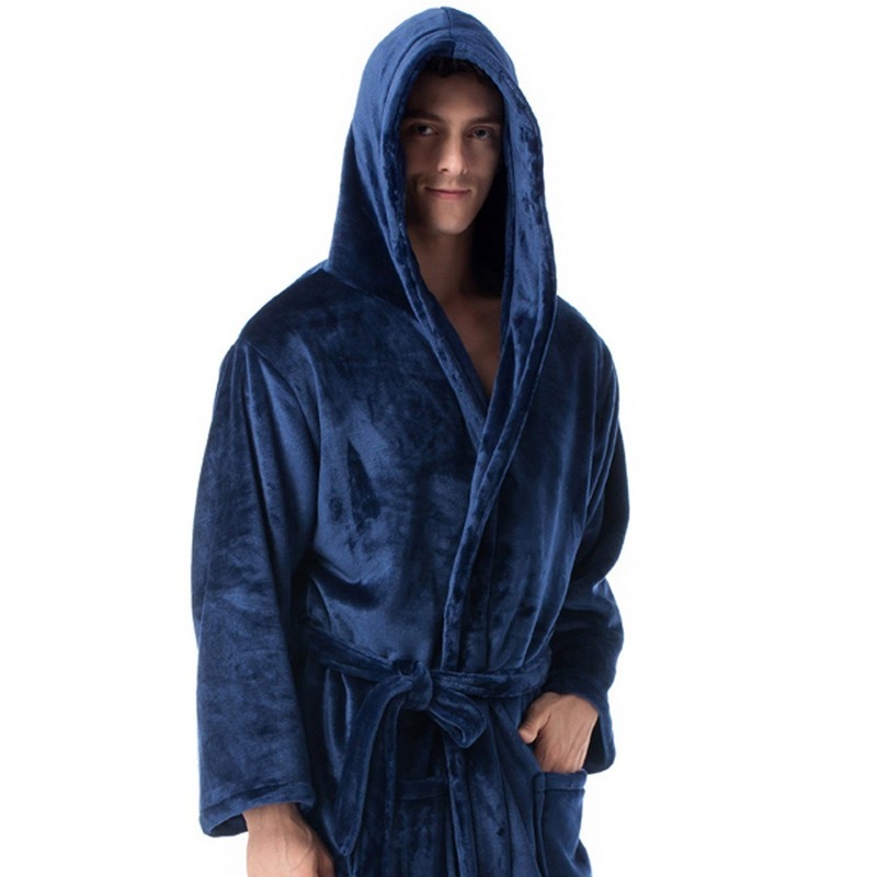 

2021 New Men's Winter Lengthened Plush Shawl Bathrobe Home Clothes Long Sleeve Hooded Coat Bath Robe Peignoir Homme 9ohi, Black